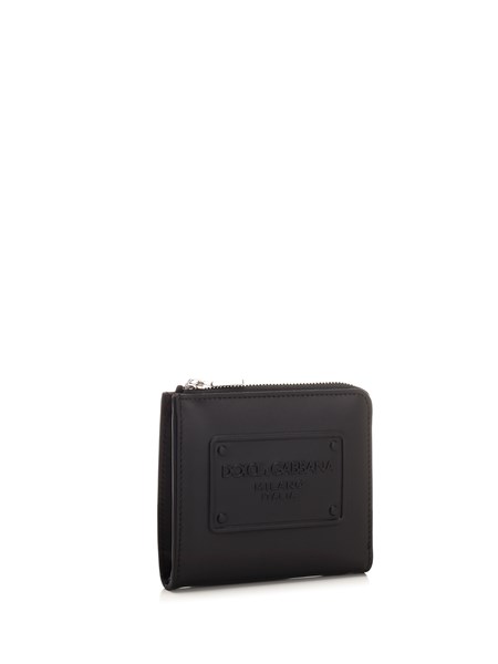 Dolce & Gabbana Black Leather Logo Embossed Lanyard Card Holder Wallet